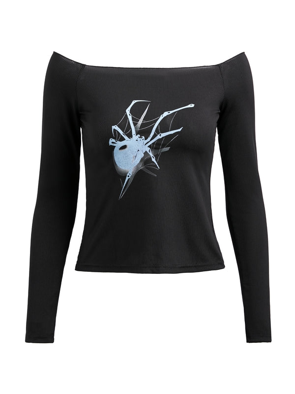 Spider Print Off Shoulder Slim Long Sleeve Tee