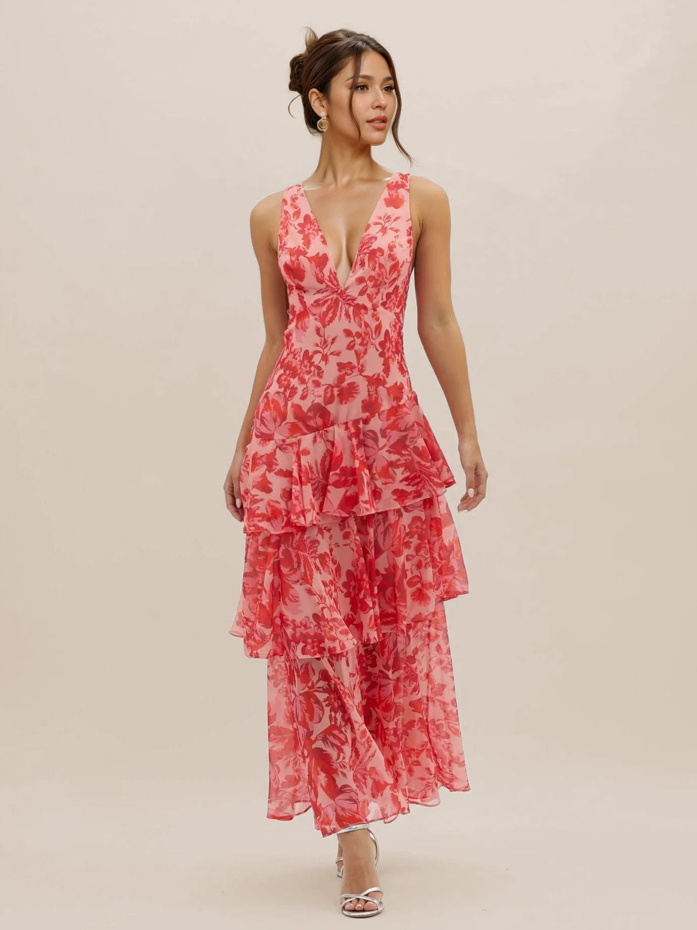 Floral Printed Layered Ruffle Long Dress With Deep V-Neck And Open Back 2026