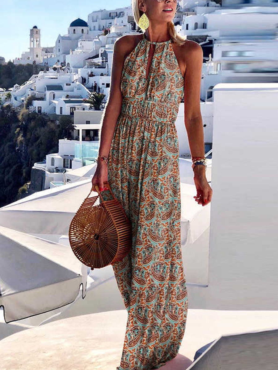 Round Neck Drawstring Print Dress