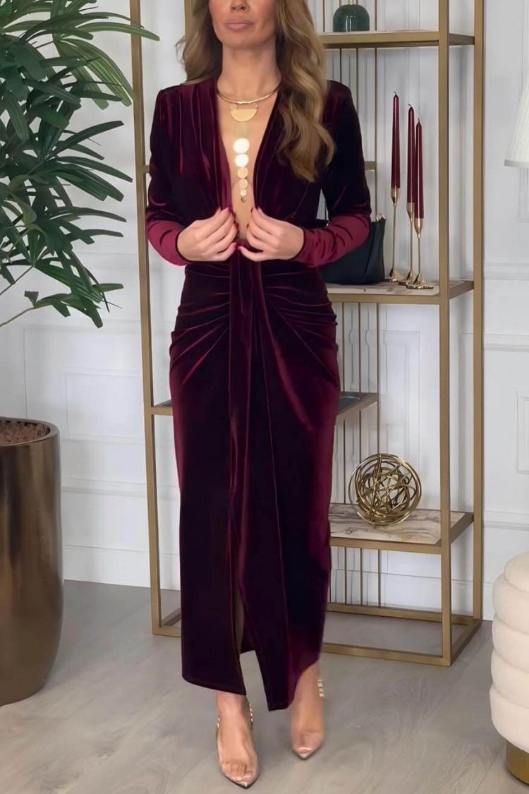 Classic Elegant Pleated Deep V Slit Party Maxi Dress