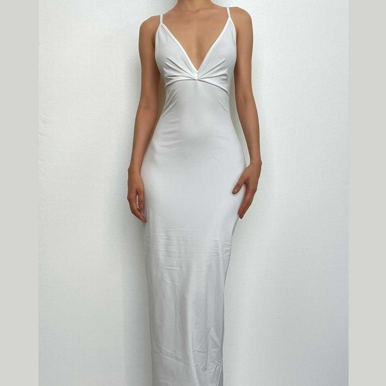 Ruched Back Deep V Backless Spaghetti Strap Maxi Dress