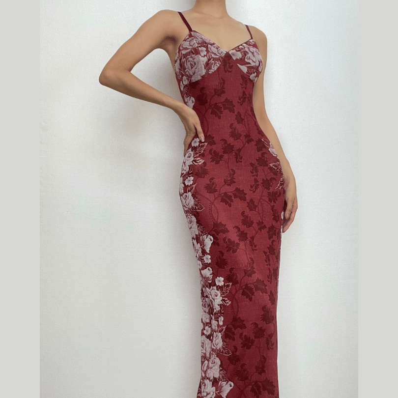 Placed Floral V Neck Spaghetti Strap Maxi Dress