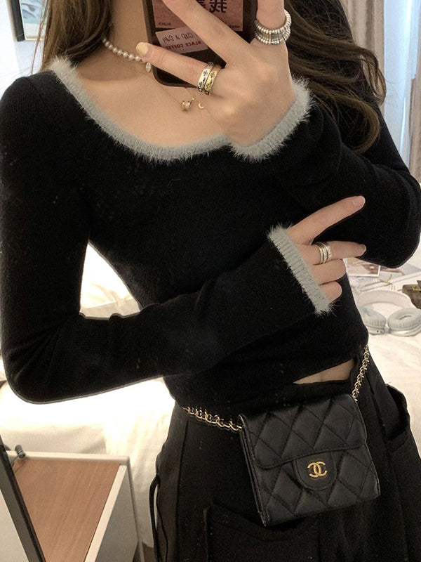 Plush Trim Splice Square Neck Slim Long Sleeve Knit