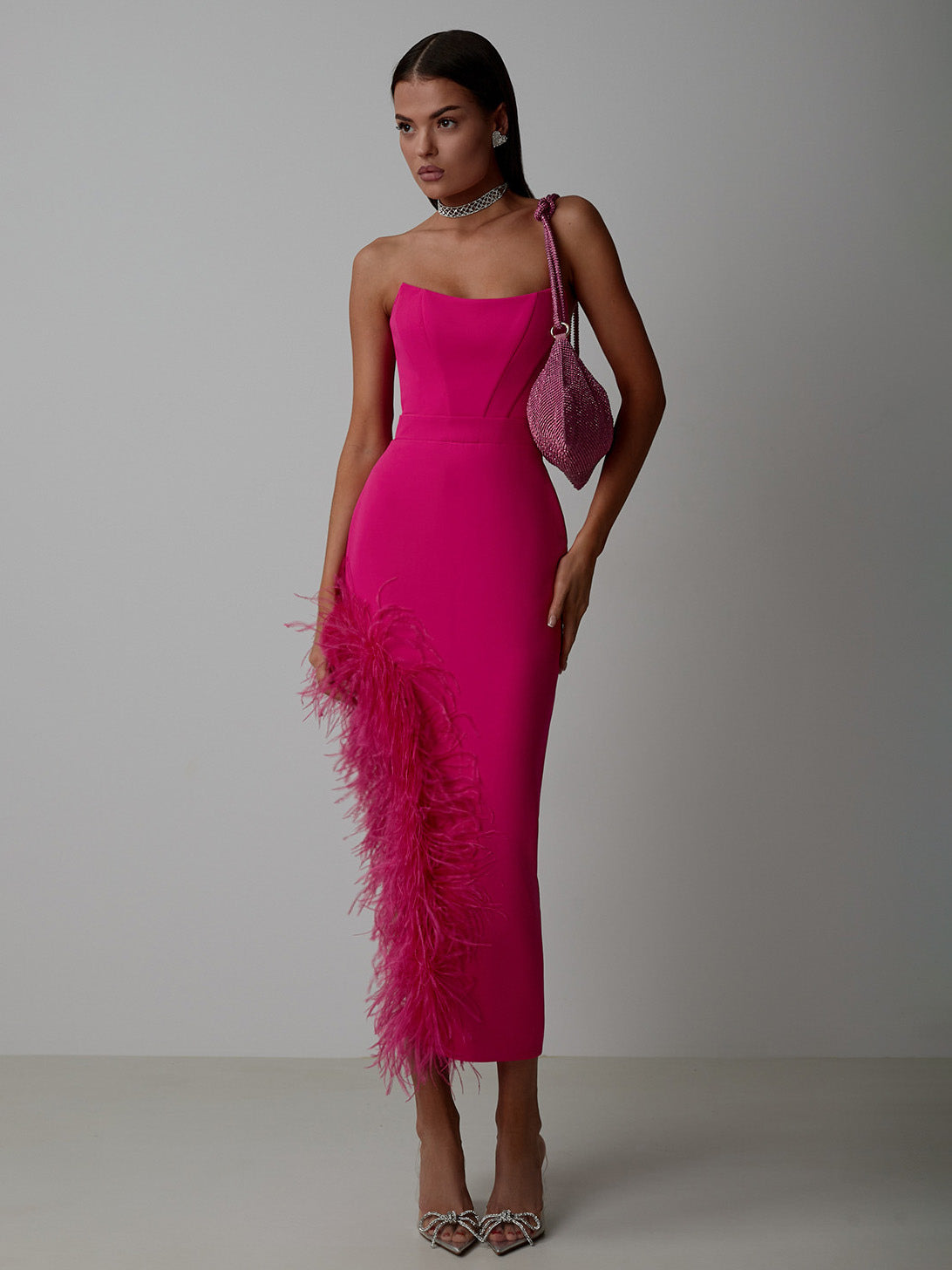 Bodycon Dress Feather Trim Off The Shoulder Asymmetrical Party Club Dresses