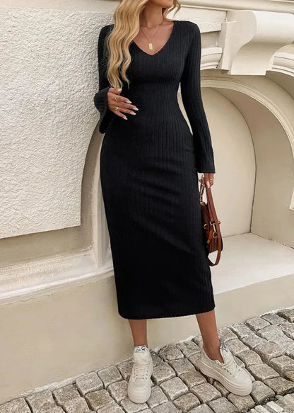 Timeless Ribbed Knit V-Neck Dress