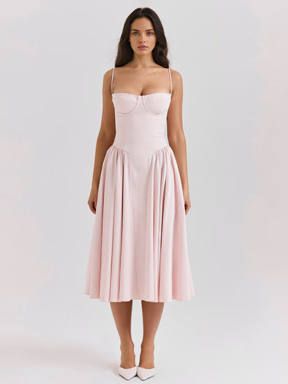Soft Pink Corset Dress Spaghetti Strap Backless Pleated Cottagecore Midi Dress 2026