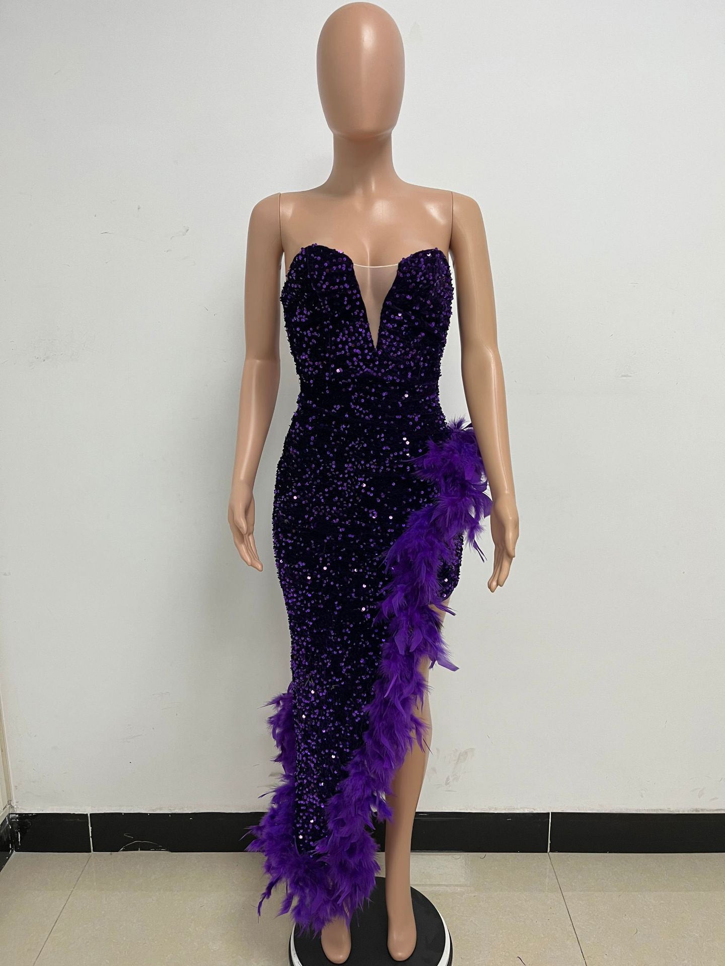 Burgundy Sequin Dresses Strapless Plunge Lace-up Back Feather Birthday Party Dresses