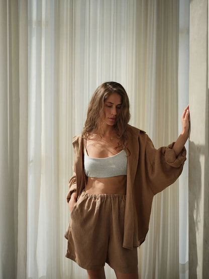 Long Sleeve Shirt Shorts Set Blouse