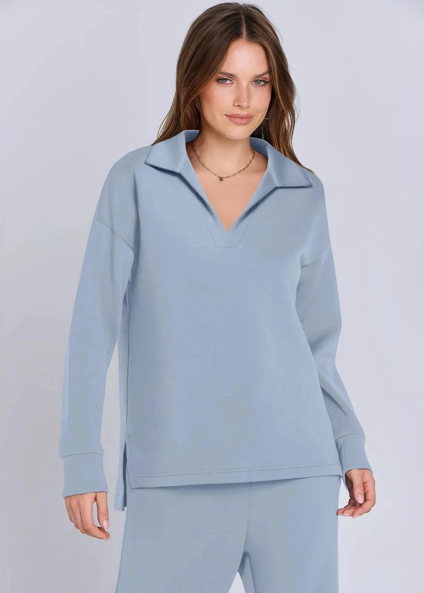 Relaxed Collar Pullover & Wide-Leg Pants Set