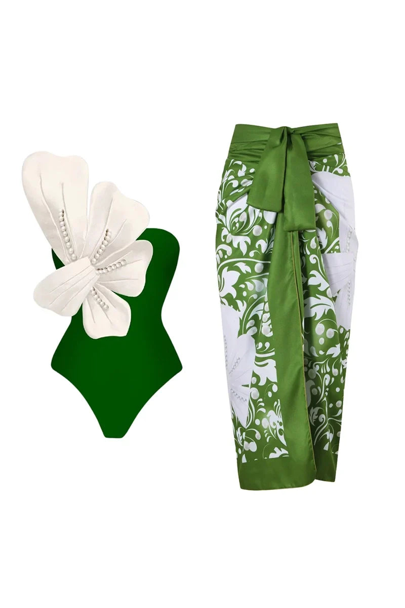 Green Swimsuit Set Pearl Floral Embellishments