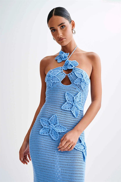 Sexy Cut-Out Halter Appliqué Fitted Bodycon Maxi Sweater Dress