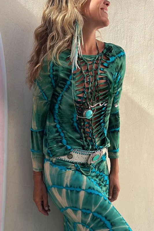 Tie-dye Print Back Cross Cutout Design Loose Stretch Top