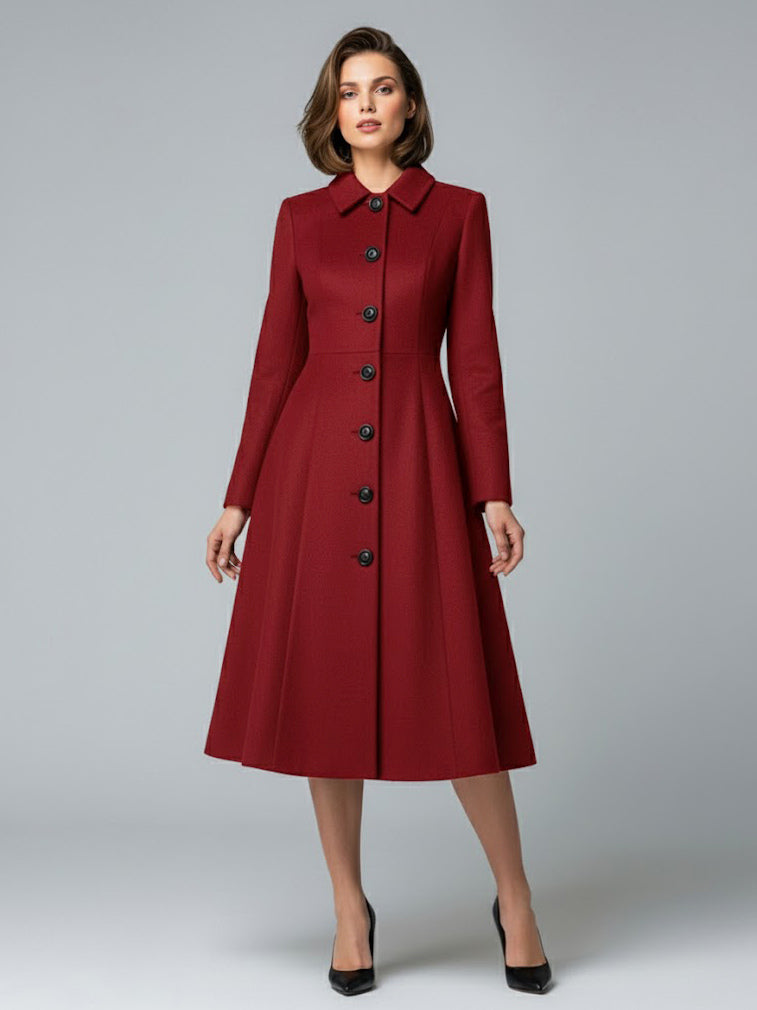 Woolen A-Line Midi Coat With Shirt Collar For Women 2026