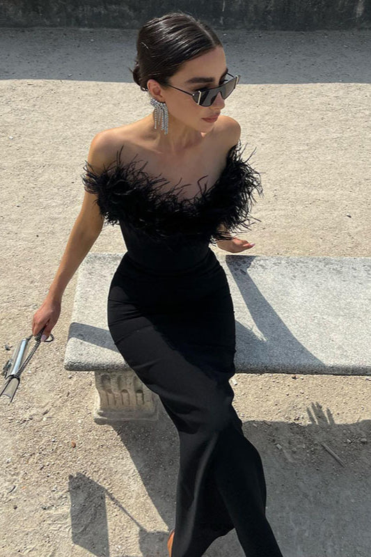 Strapless V-Neck Feathered Mermaid Party  Dress