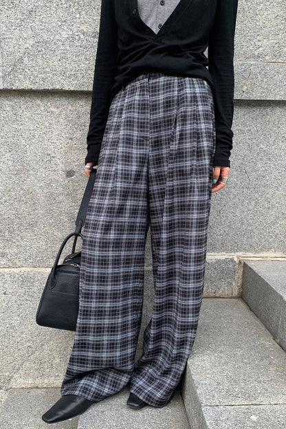 Draped Plaid High Waist Wide Leg Pants