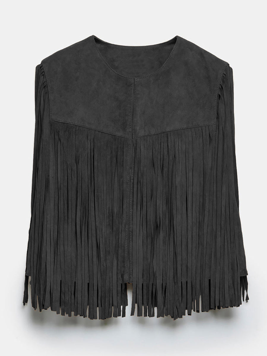 Western Cowgirl Fringe Vest Crew Neck Bohemian Spring Suede Jacket For Women 2026