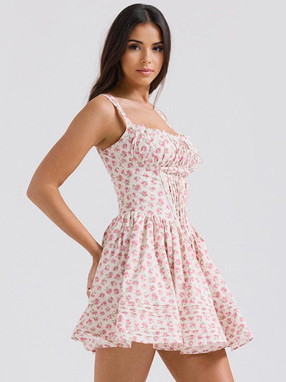 Floral Dress Mini Dresses Lace Up Straps Neck Sleeveless Cottagecore Short Dress