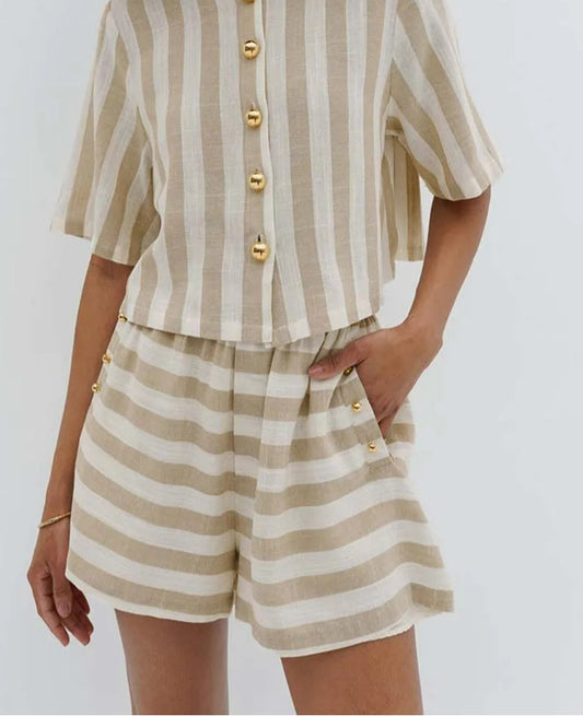 Apricot Striped Short Sleeve Shorts Office Two Piece Set
