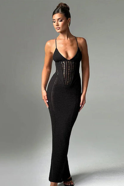 Crochet Knit Halter Deep V Ladder Panel Bodycon Maxi Dress