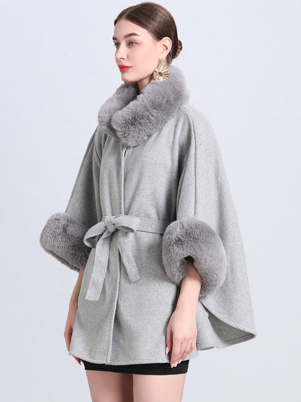 Women Poncho High Collar Light Gray Oversized Faux Fur Cape