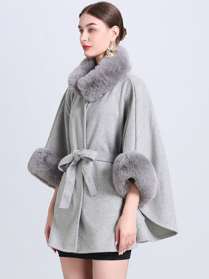 Women Poncho High Collar Light Gray Oversized Faux Fur Cape