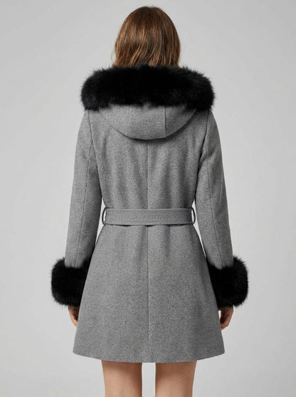 Belted Wool Blend Hooded Coat with black Faux fur cuffs For Women 2026