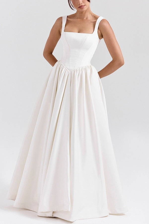 Square Neck Corset Basque Waist Wide Strap Ball Gown Maxi Dress