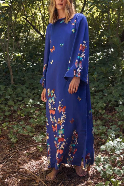 Butterfly Print Navy Blue Long Sleeve Loose Long Dress
