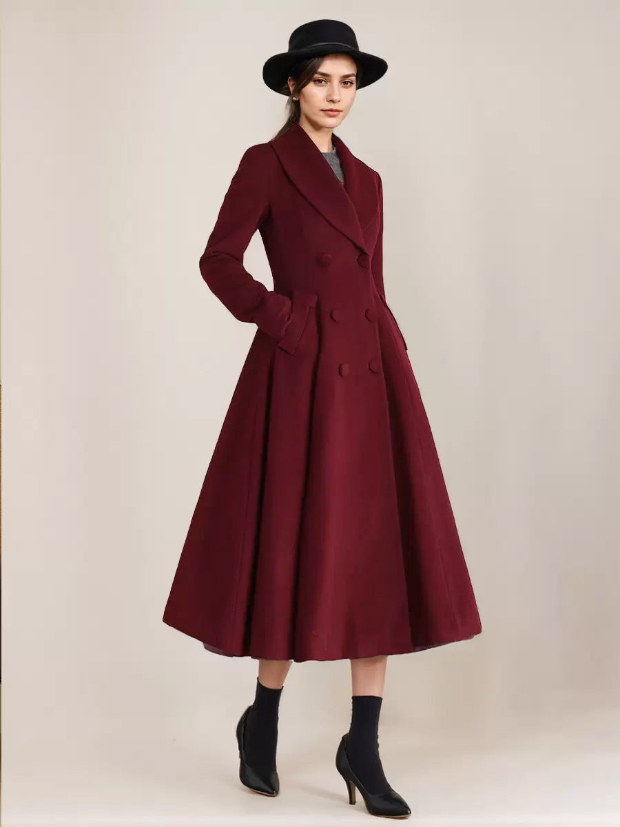 Burgundy Woolen Flared Coat Vintage Shawl Collar Double-breasted Winter A-line Outerwear For Women 2026
