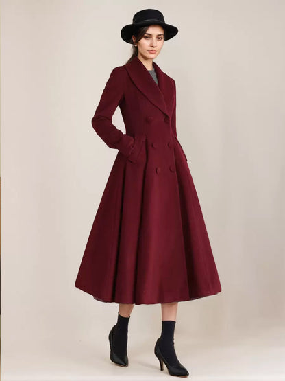 Burgundy Woolen Flared Coat Vintage Shawl Collar Double-breasted Winter A-line Outerwear For Women 2026