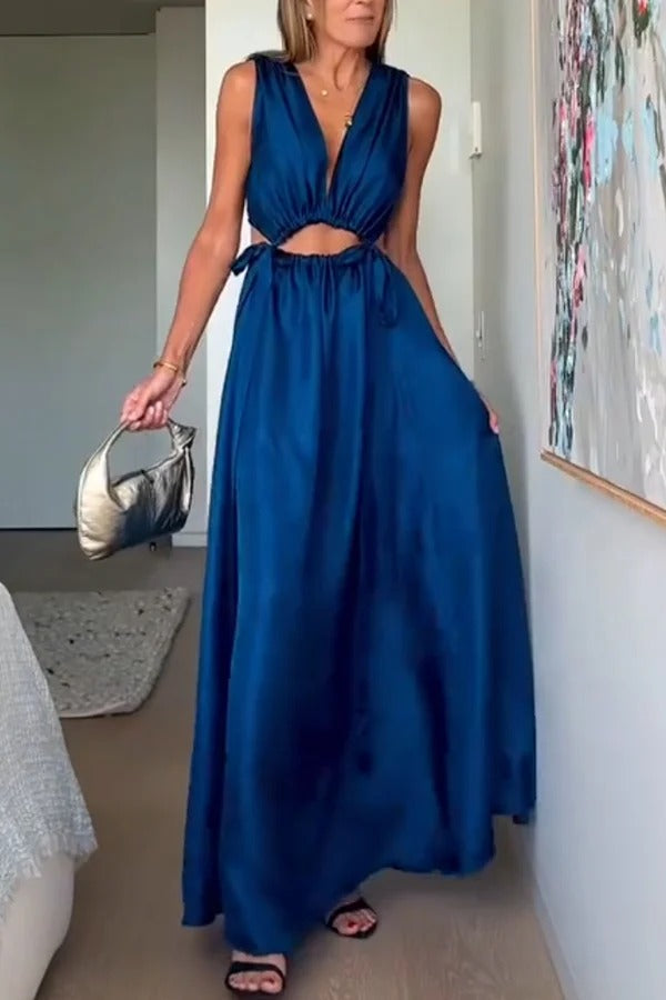 Midnight Charm Satin Ruched Cutout Tie-up Maxi Dress