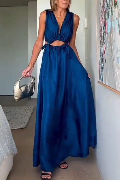 Midnight Charm Satin Ruched Cutout Tie-up Maxi Dress