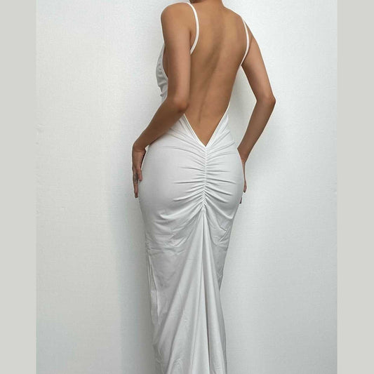 Solid v neck ruched backless cami maxi dress-final-sale
