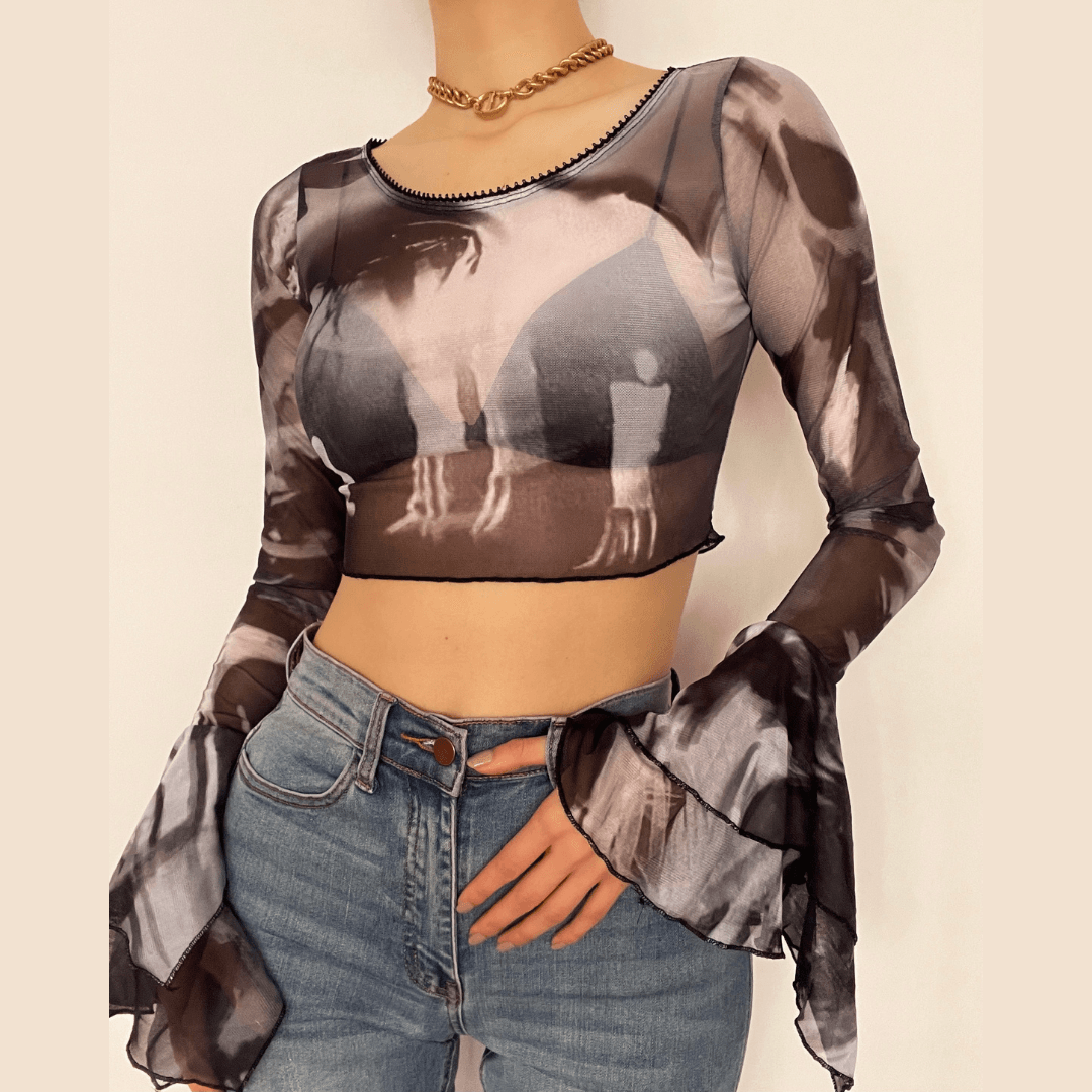 Round neck sheer mesh print long sleeve crop top