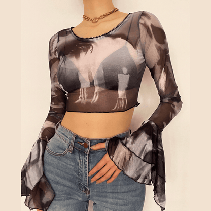 Round neck sheer mesh print long sleeve crop top