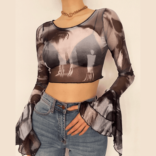 Round neck sheer mesh print long sleeve crop top