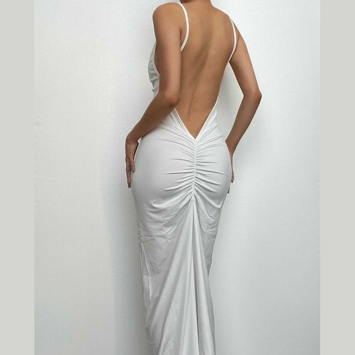 Ruched Back Deep V Backless Spaghetti Strap Maxi Dress
