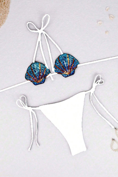 Colorful Sequined Shell Tie Two-piece Stretch Bikini Swimsuit