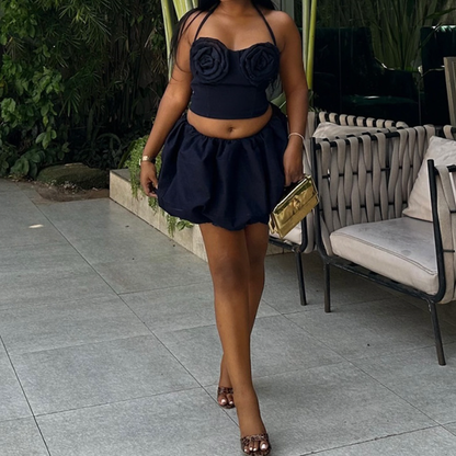 Halter flower applique ruched mini skirt set