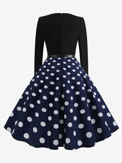 Vintage Polka Dot Swing Dress for Women - 1950s Rockabilly Long Sleeve Belted A-Line Midi Dress - Spring Retro Party 2026