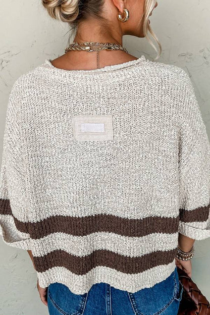 Brown Stripe Cropped Drop Sleeve Sweater