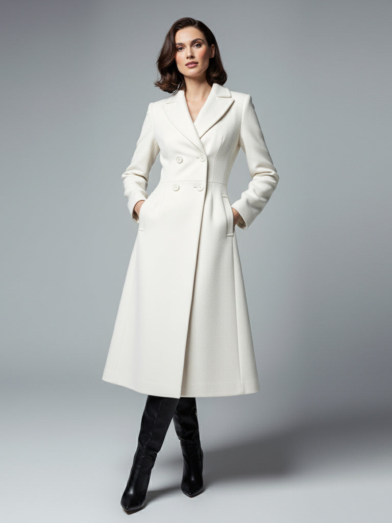 White Woolen Double-Breasted Midi Coat With Sharp Lapel And X-Line For Women 2026