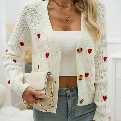 Women's V-Neck Heart Print Knit Cardigan – Button-Up Sweater