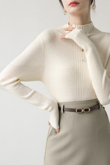 Elegant Apricot Mock Neck Long-Sleeve Pullover Knit Top