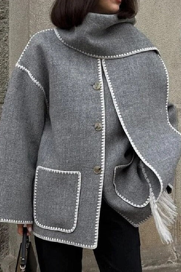 Scarf-Neckline Felt Woolen Coat