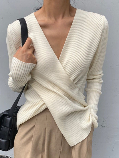 V-neck Cotton Cross Knitted Sweater