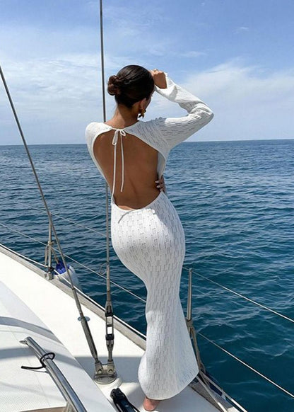 Coastal Allure - Open Back White Knit Maxi Dress