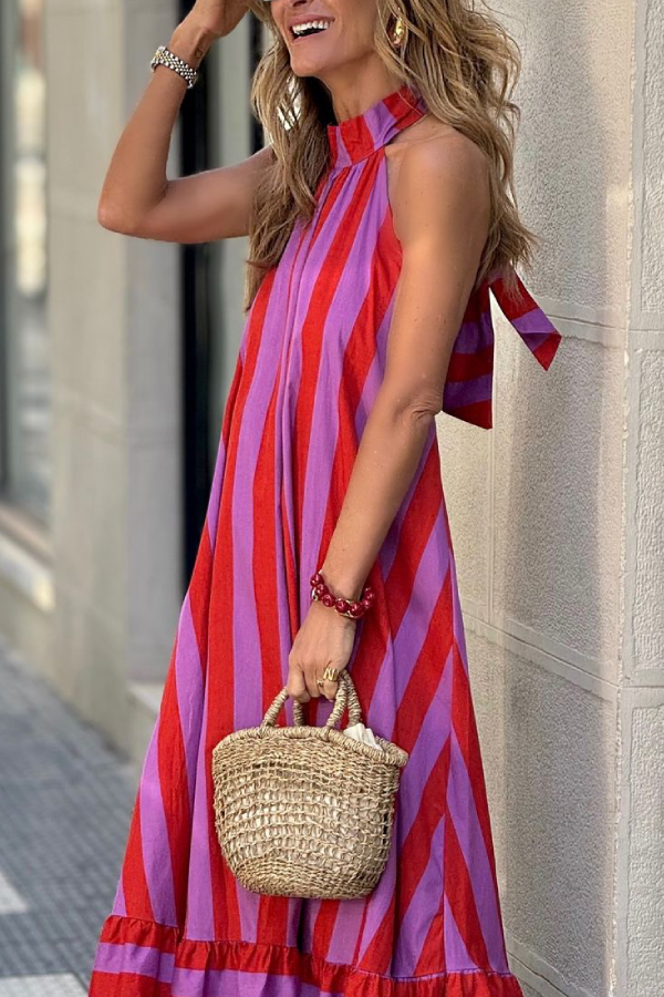 Casual Red Striped Loose Backless Long Dress