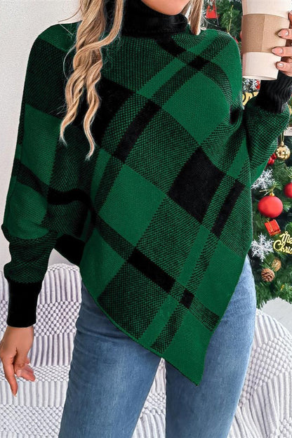 Plaid Contrast Turtleneck Cape Sweater
