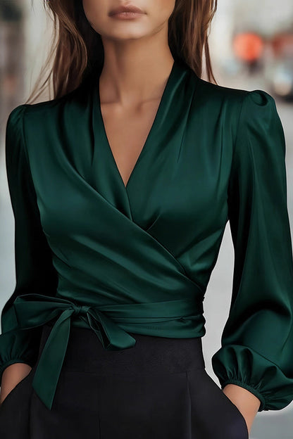 Satin V-neck Long-sleeved Casual Tie-waist Shirt